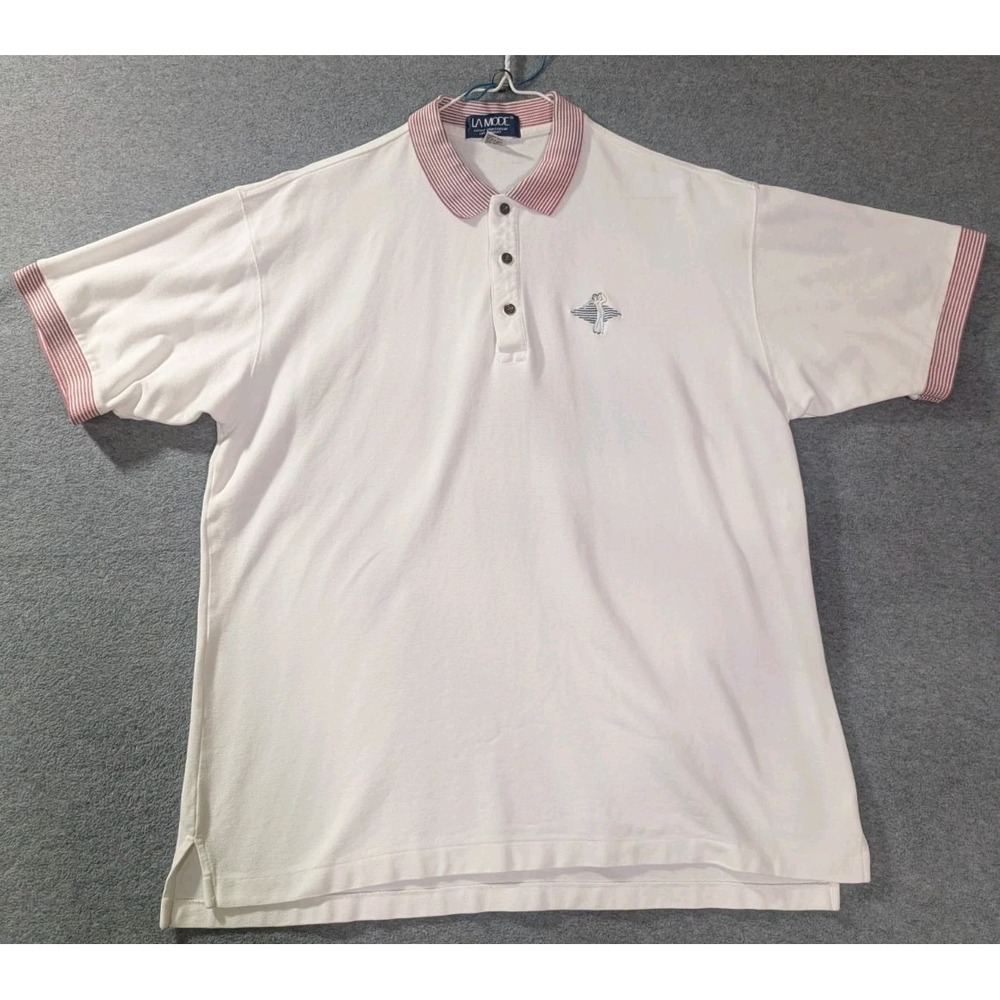 Vintage La Mode Polo Shirt‎ XL USA Made White Pink Striped Collar 90s Golf